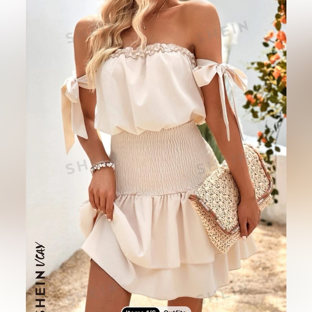 NWT Cream Off-Shoulder w/Knot Straps, Ruched Waist & Ruffle Hem Dress Sz M